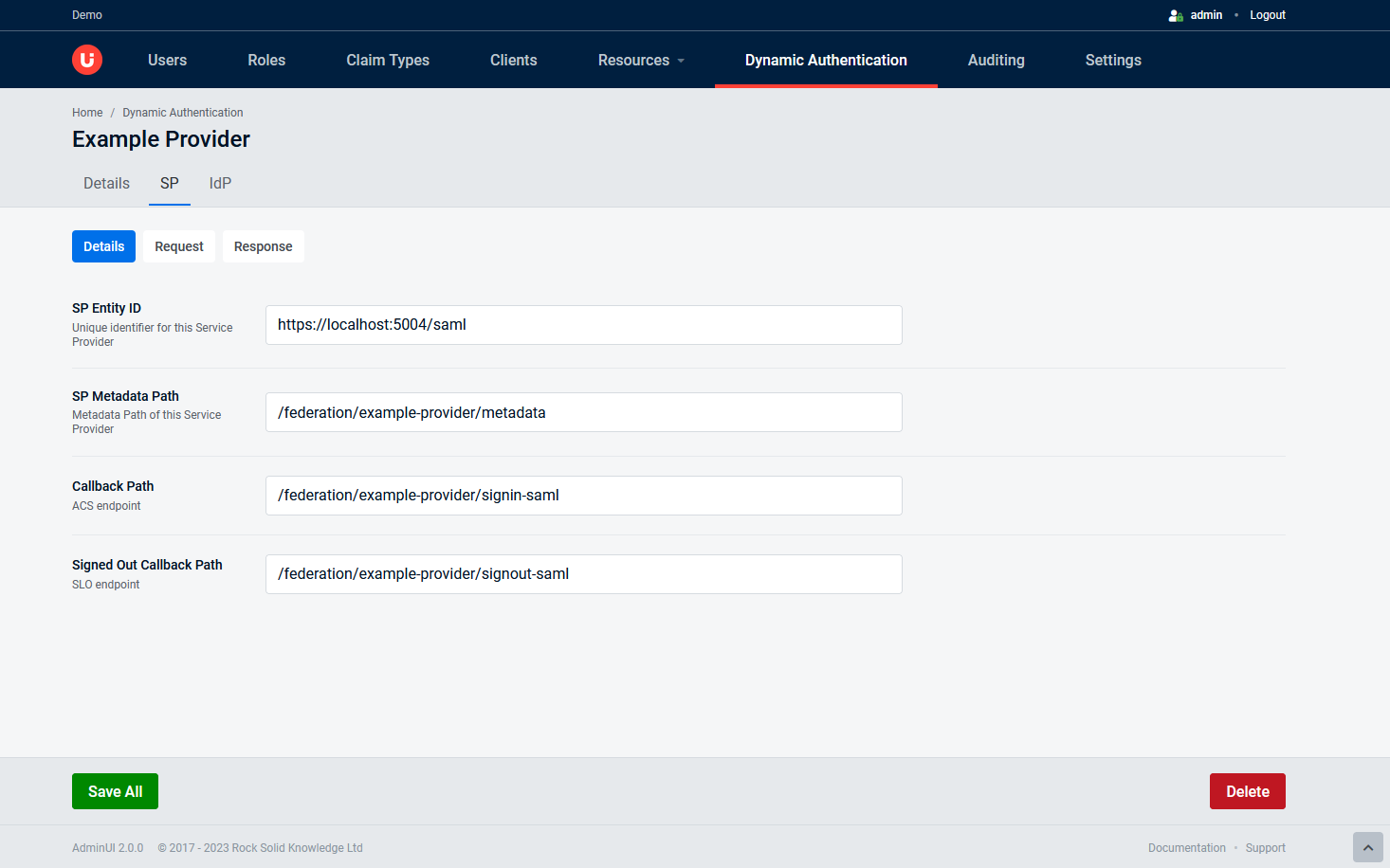 Example SAML SP Details